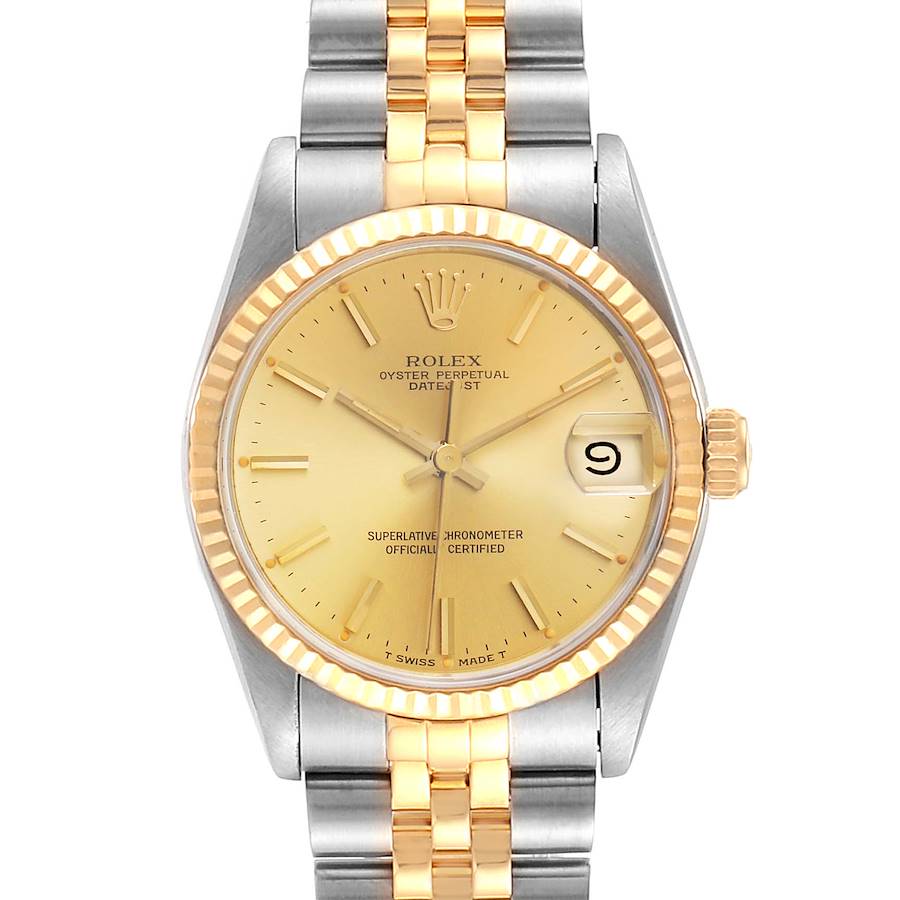 The Rolex Mid-Size 68273 Women's Steel and Gold (two tone) Champagne Dial 68273 Women's Steel and Gold (two tone) Champagne Dial Oyster Perpetual Datejust watch is shown from a front angle, displaying the dial, bezel, and bracelet.