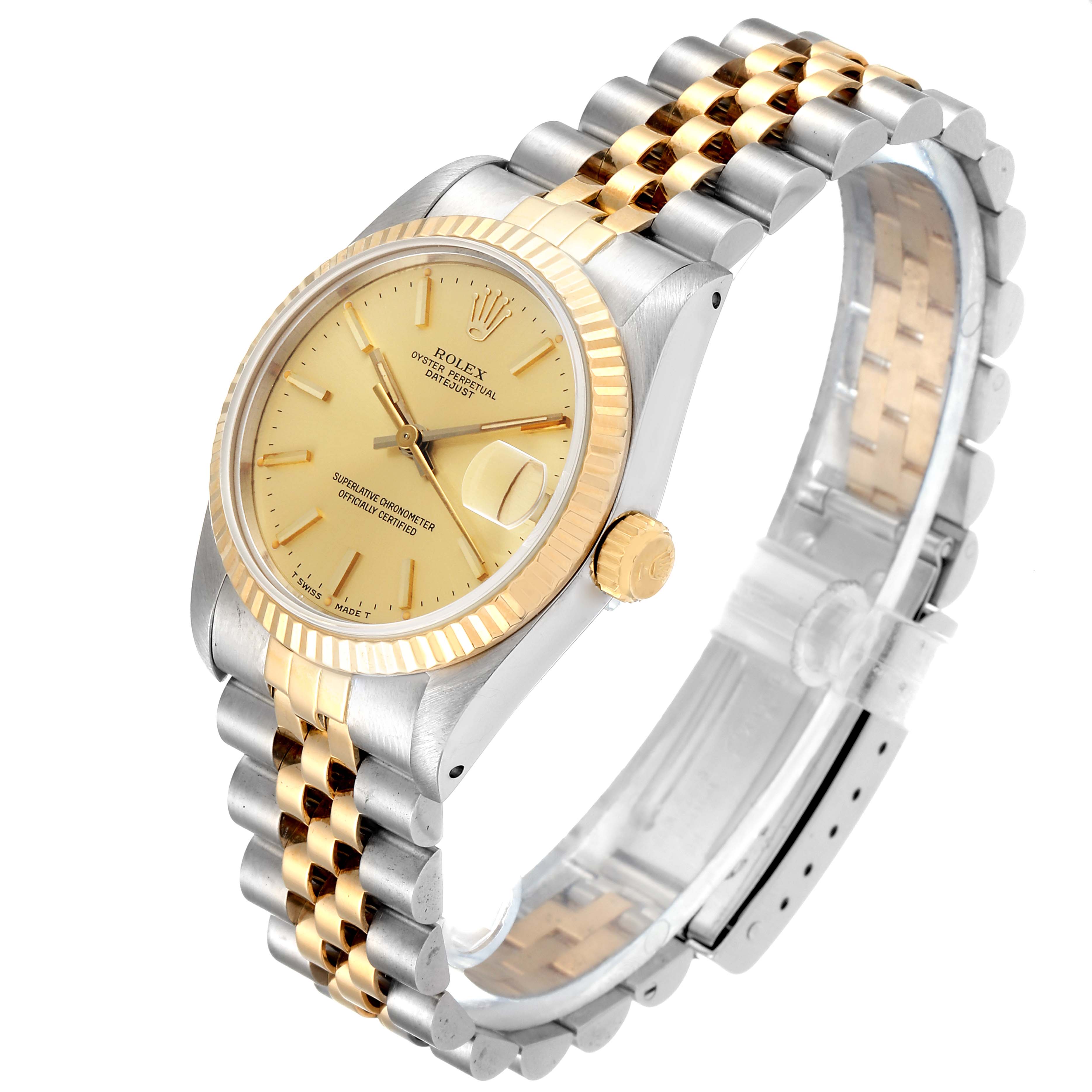 This Rolex Mid-Size 68273 Women's Steel and Gold (two tone) Champagne Dial 68273 Women's Steel and Gold (two tone) Champagne Dial model watch is shown at a 3/4 angle, displaying the face, crown, and bracelet.