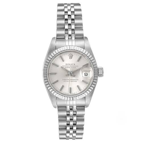 This is a front view of a Rolex Datejust 69174 Women's Stainless Steel Silver Dial 69174 Women's Stainless Steel Silver Dial watch, showcasing the face, bezel, and bracelet.