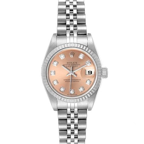 The Rolex Datejust 79174 Women's Stainless Steel Pink Dial 79174 Women's Stainless Steel Pink Dial watch is shown from a front angle, highlighting its rose gold dial, diamond markers, date window, and stainless steel bracelet.