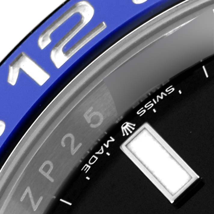 The image shows a close-up of the bezel and dial edge of a Rolex GMT-Master 68251 Men's Stainless Steel Black Dial 68251 Men's Stainless Steel Black Dial, highlighting the numbers and "Swiss Made" text.