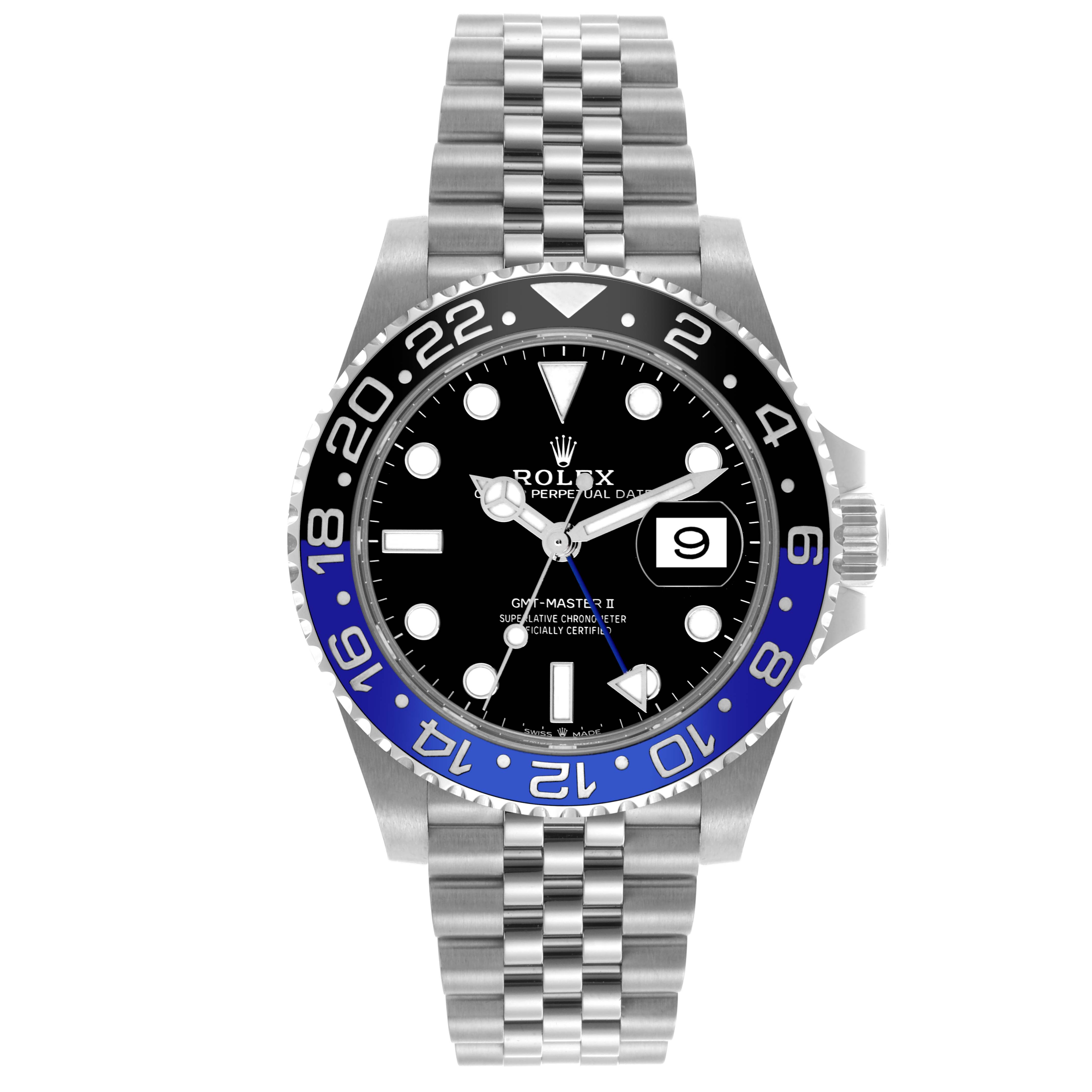 The Rolex GMT-Master 68251 Men's Stainless Steel Black Dial 68251 Men's Stainless Steel Black Dial watch is shown from a front angle, displaying the bezel, dial, hands, and the jubilee bracelet.