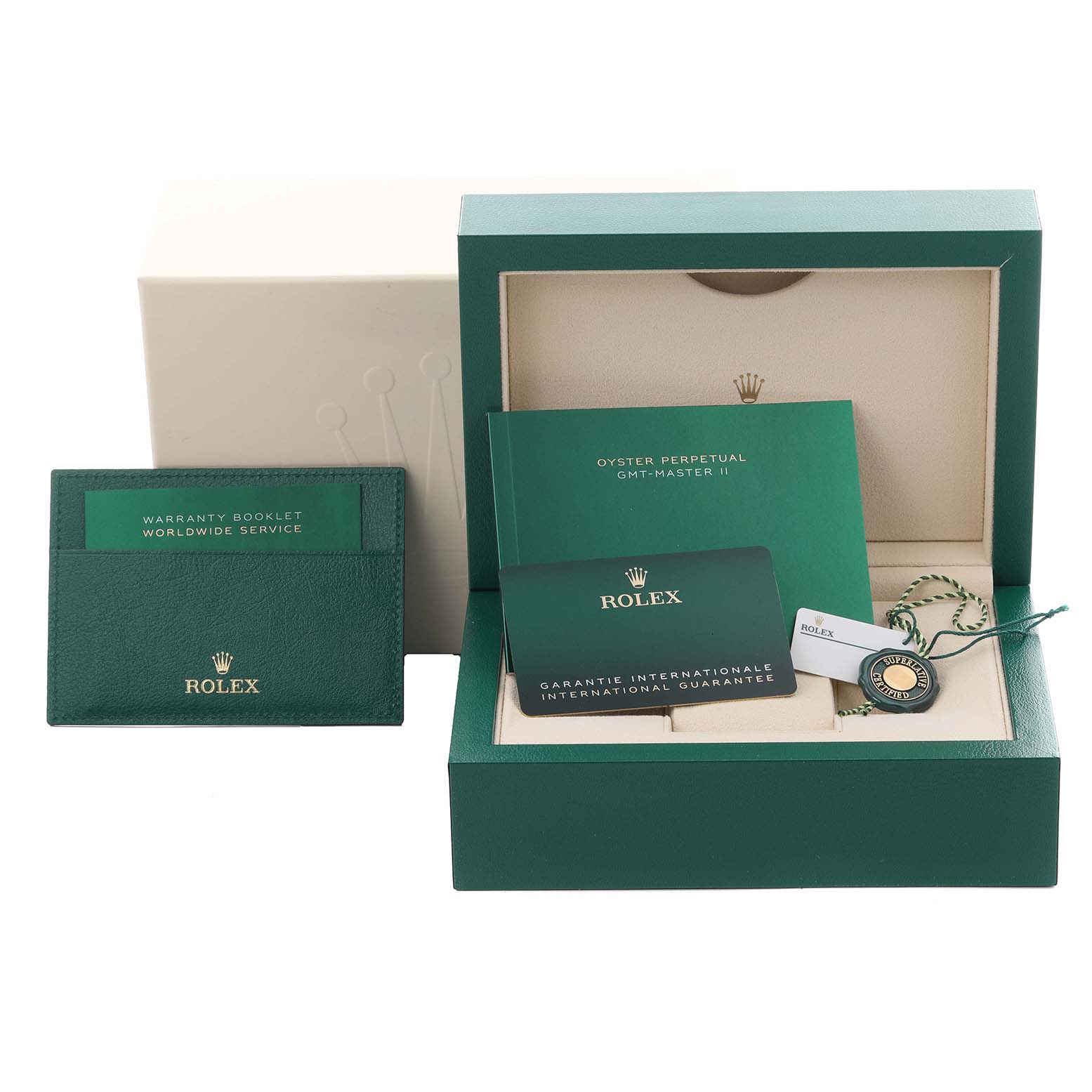 The image shows the packaging and accessories for a Rolex GMT-Master 68251 Men's Stainless Steel Black Dial 68251 Men's Stainless Steel Black Dial, including the box, booklets, and tag at a front angle.