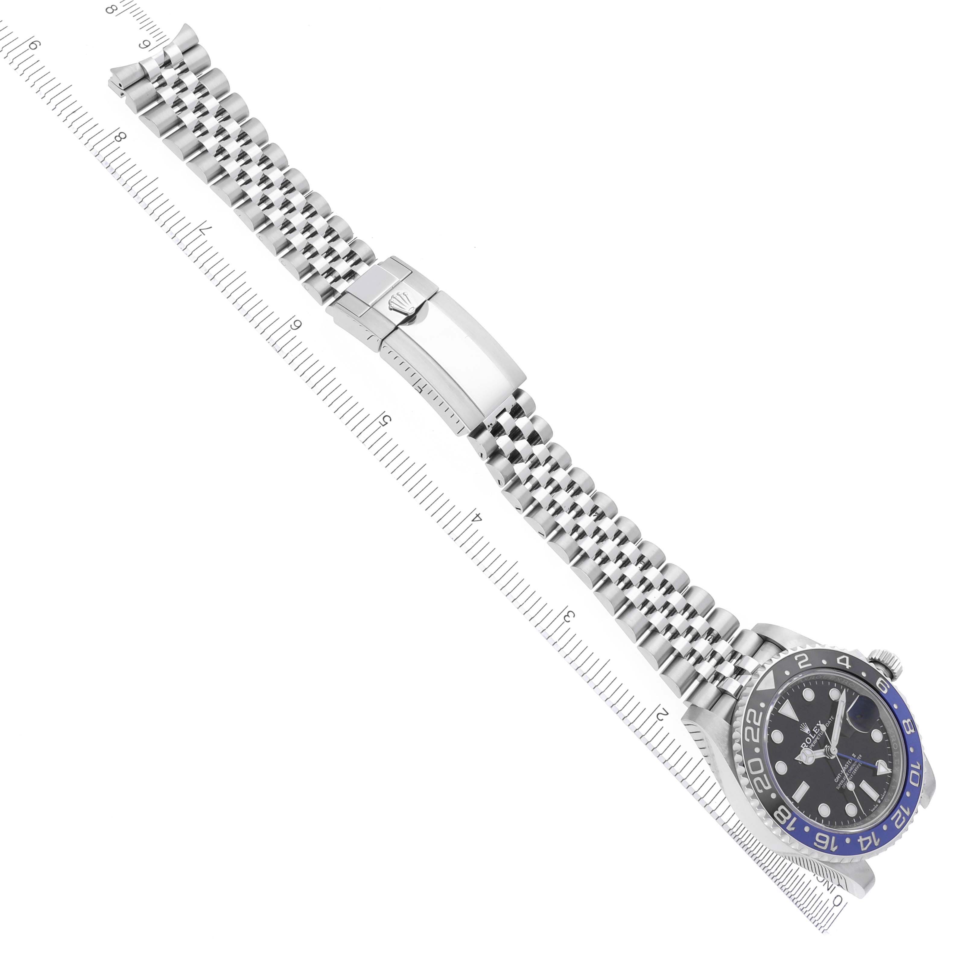 The image shows a Rolex GMT-Master 68251 Men's Stainless Steel Black Dial 68251 Men's Stainless Steel Black Dial watch from an overhead angle, featuring the bracelet, clasp, and bezel.