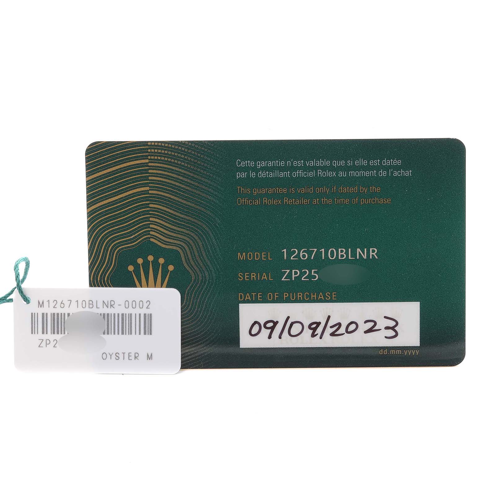 The image shows a guarantee card for the Rolex GMT-Master 68251 Men's Stainless Steel Black Dial 68251 Men's Stainless Steel Black Dial model 126710 BLNR.