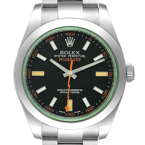 The image shows a front view of the Rolex Milgauss 116400V Men's Stainless Steel Black Dial 116400V Men's Stainless Steel Black Dial, highlighting the dial, hands, bezel, and part of the bracelet.