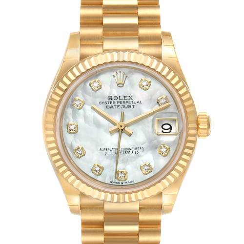 The image shows a frontal view of the Rolex President 278278 Women's Yellow Gold Mother of Pearl Dial 278278 Women's Yellow Gold Mother of Pearl Dial model watch, highlighting its face, bezel, and part of the bracelet.