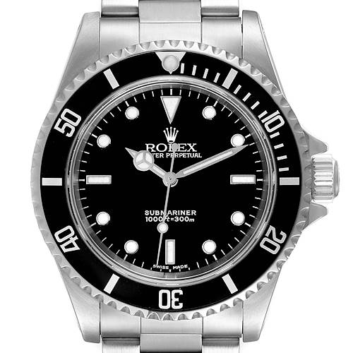 The image shows a front view of a Rolex Submariner 14060 Men's Stainless Steel Black Dial 14060 Men's Stainless Steel Black Dial watch displaying the dial, bezel, crown, and bracelet.