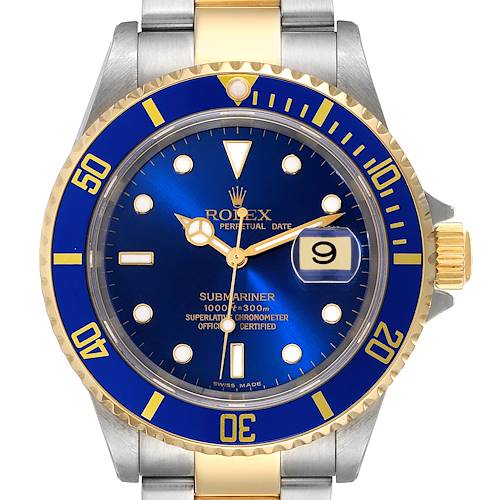 This image shows a front view of a Rolex Submariner 16613 Men's Steel and Gold (two tone) Blue Dial 16613 Men's Steel and Gold (two tone) Blue Dial watch with a blue dial and bezel, featuring gold accents.
