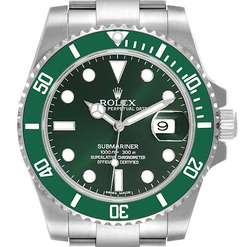 This is a frontal close-up view of the dial and bezel of a Rolex Submariner 116610LV Men's Stainless Steel Green Dial 116610LV Men's Stainless Steel Green Dial watch.