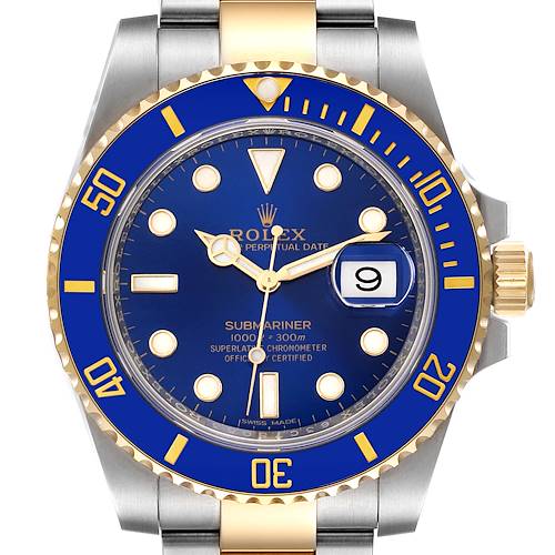 This image shows the front view of a Rolex Submariner 116613 Men's Steel and Gold (two tone) Blue Dial 116613 Men's Steel and Gold (two tone) Blue Dial watch, highlighting its blue dial, bezel, and date display.
