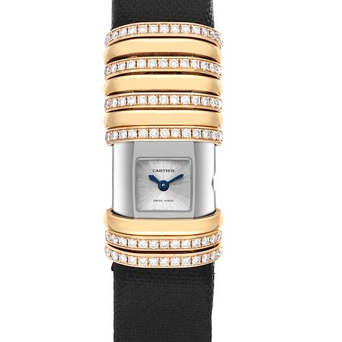 The image shows a front view of a Cartier Declaration WT000150 Women's Titanium Silver Dial WT000150 Women's Titanium Silver Dial model watch, highlighting its dial and diamond-set gold rings.