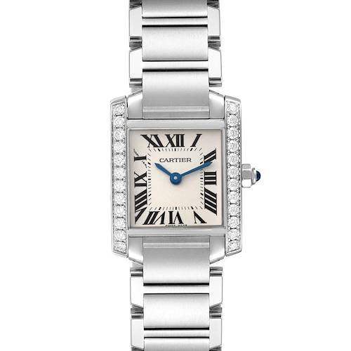 The image shows a front view of the Tank Francaise model watch by Cartier, displaying the dial, bracelet, and case.