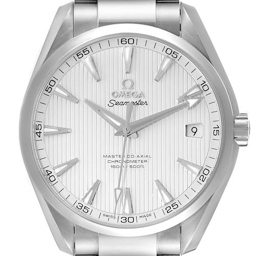 The image shows a front view of the Omega Aqua Terra 231.10.42.21.02.003 Men's Stainless Steel Silver Dial 231.10.42.21.02.003 Men's Stainless Steel Silver Dial watch, displaying its dial, hands, date function, and part of the band.