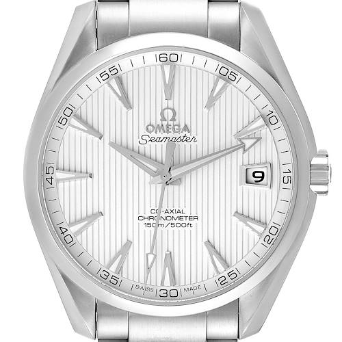 The image shows a frontal view of the Omega Seamaster Aqua Terra watch, highlighting the dial, hands, date window, and case.