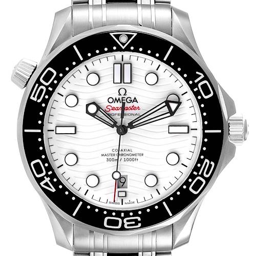 The image shows a front view of an Omega Seamaster 210.30.42.20.04.001 Men's Stainless Steel White Dial 210.30.42.20.04.001 Men's Stainless Steel White Dial watch, highlighting the face, bezel, hands, markers, and part of the bracelet.