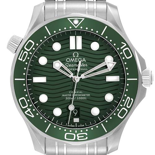 This image shows a front view of the Omega Seamaster 210.30.42.20.10.001 Men's Stainless Steel Green Dial 210.30.42.20.10.001 Men's Stainless Steel Green Dial watch face and part of its stainless steel bracelet.