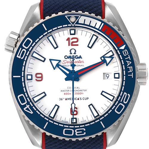 The image shows a frontal view of the Omega Seamaster Planet Ocean watch, featuring its bezel, crown, and dial.