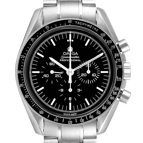The image shows a front view of the Omega Speedmaster 3570.50.00 Men's Stainless Steel Black Dial 3570.50.00 Men's Stainless Steel Black Dial watch, highlighting the dial, tachymeter bezel, and metal bracelet.