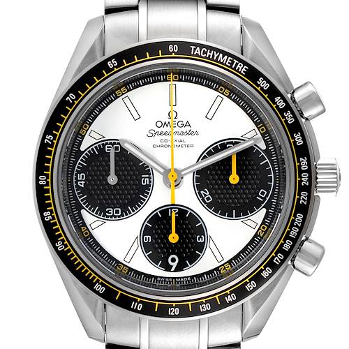 The image shows a front view of the Omega Speedmaster 326.30.40.50.04.001 Men's Stainless Steel White Dial 326.30.40.50.04.001 Men's Stainless Steel White Dial watch, highlighting its tachymeter scale, chronograph subdials, and stainless steel bracelet.