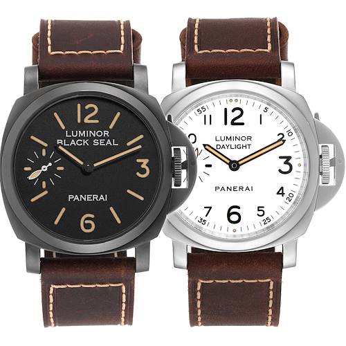 The image shows a front view of two Panerai Luminor PAM00785 Men's Stainless Steel Black Dial PAM00785 Men's Stainless Steel Black Dial model watches with brown leather straps, one with a black dial and the other with a white dial.