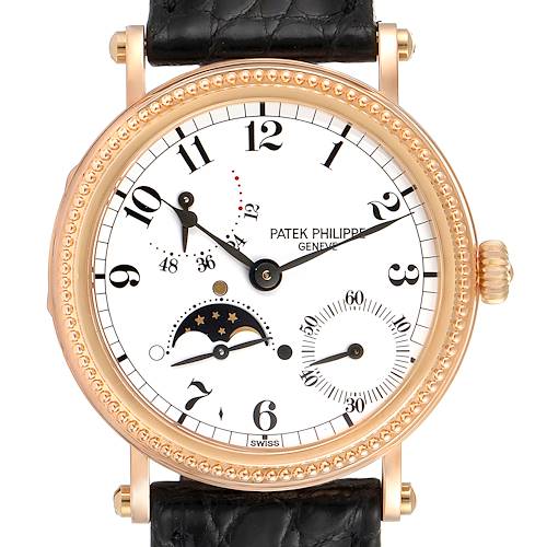 The image shows a frontal view of a Patek Philippe Calatrava 5015 Men's Rose Gold White Dial 5015 Men's Rose Gold White Dial watch, highlighting its face, case, and part of the black leather strap.