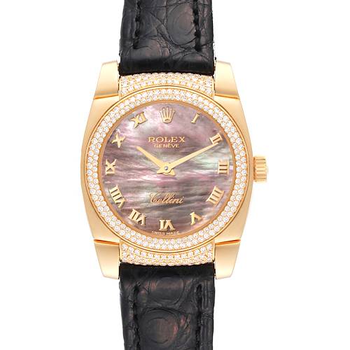 This image shows a frontal view of a Rolex Cellini 6311 Women's Yellow Gold Mother of Pearl Dial 6311 Women's Yellow Gold Mother of Pearl Dial watch featuring a black leather strap, gold casing, and a decorative dial.
