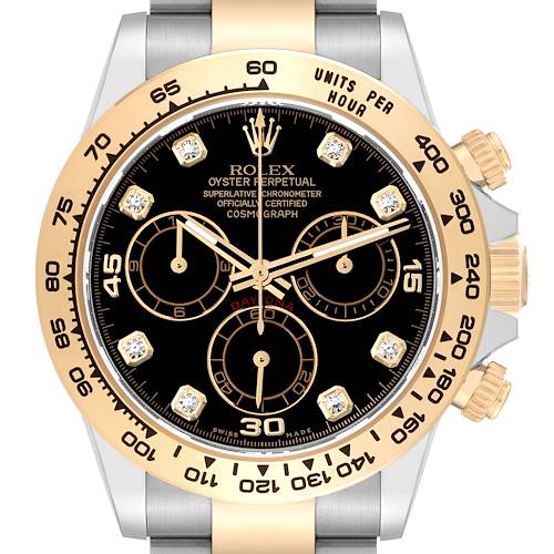 This image shows the front view of the Rolex Daytona 116503 Men's Steel and Gold (two tone) Black Dial 116503 Men's Steel and Gold (two tone) Black Dial watch, highlighting its dial, bezel, and chronograph sub-dials.