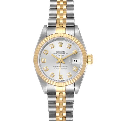 This is a front view of the Rolex Datejust 79173 Women's Steel and Gold (two tone) Silver Dial 79173 Women's Steel and Gold (two tone) Silver Dial watch, showing the dial, bezel, bracelet, and crown.