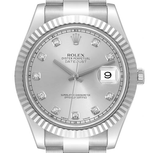 This is a front view of the Rolex Datejust 41 116334 Men's Stainless Steel Silver Dial 116334 Men's Stainless Steel Silver Dial, showing the dial, bezel, hands, date window, and part of the bracelet.