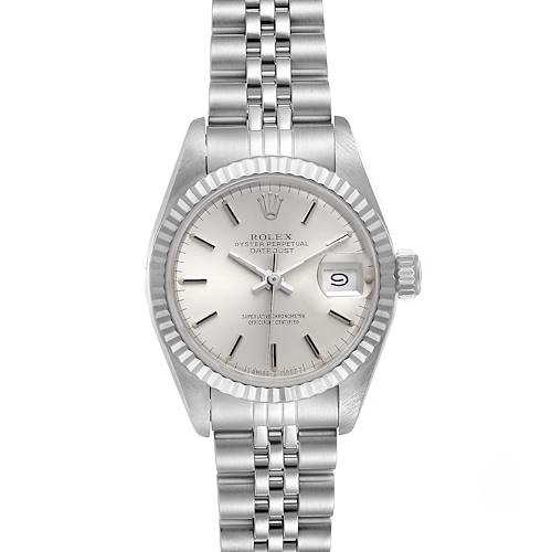 This image shows a Rolex Datejust 69174 Women's Stainless Steel Silver Dial 69174 Women's Stainless Steel Silver Dial watch from a front angle, featuring the dial, bezel, bracelet, and date window.