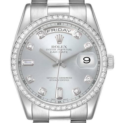 The Rolex President 118346 Men's Platinum Blue Dial 118346 Men's Platinum Blue Dial model watch is shown from a front angle, displaying its dial, bezel, day, and date features.