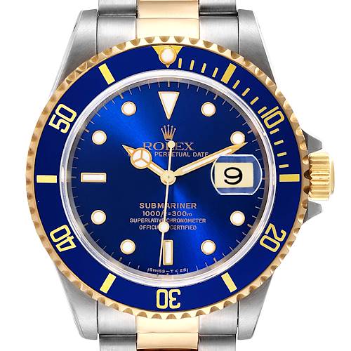 The image shows a front view of a Rolex Submariner 16613 Men's Steel and Gold (two tone) Blue Dial 16613 Men's Steel and Gold (two tone) Blue Dial watch, highlighting its blue dial, gold accents, and date display.