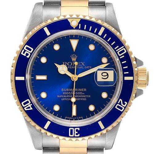 The image shows a frontal view of a Rolex Submariner 16613 Men's Steel and Gold (two tone) Blue Dial 16613 Men's Steel and Gold (two tone) Blue Dial watch with a blue dial and bezel, gold accents, and date display.