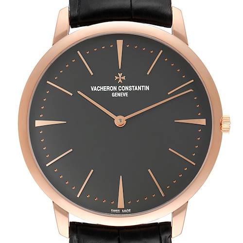 This image shows a front view of the Vacheron Constantin Patrimony 81180R/000R-9162 Men's Rose Gold Grey Dial 81180R/000R-9162 Men's Rose Gold Grey Dial watch, highlighting its face, bezel, and part of the strap.