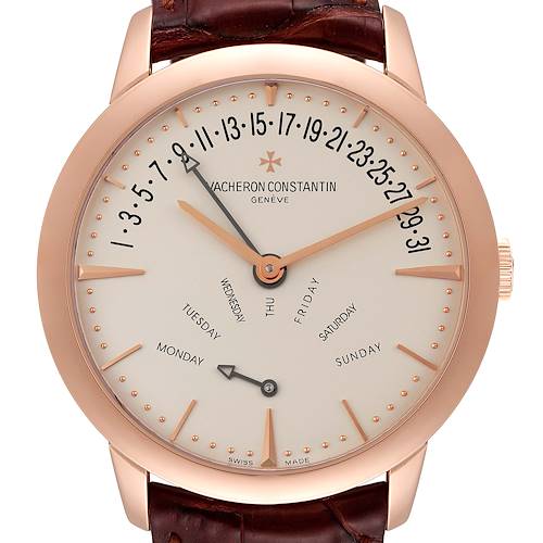 This image shows a frontal view of the Vacheron Constantin Patrimony 86020/000R-9239 Men's Rose Gold Silver Dial 86020/000R-9239 Men's Rose Gold Silver Dial watch, featuring its dial, hands, and crown.