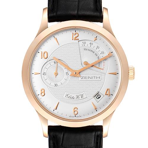 The image shows a front view of the Zenith 17.1125.655/01 Men's Rose Gold Silver Dial 17.1125.655/01 Men's Rose Gold Silver Dial Reserve De Marche Elite HW 18k Rose Gold Men's Watch model 11.1125.655.