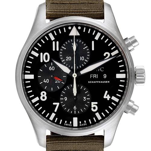 The image shows a front view of the IWC Pilot IW377709 Men's Stainless Steel Black Dial IW377709 Men's Stainless Steel Black Dial model watch, highlighting its black dial, subdials, and stainless steel case.