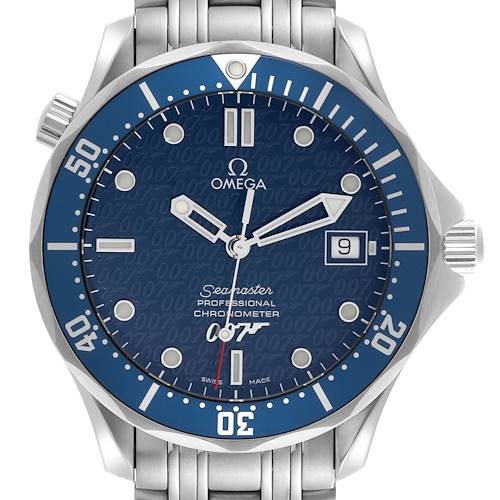 The Omega Seamaster 2537.80.00 Men's Stainless Steel Blue Dial 2537.80.00 Men's Stainless Steel Blue Dial watch is shown from the front, highlighting its dial, bezel, hands, and date window.