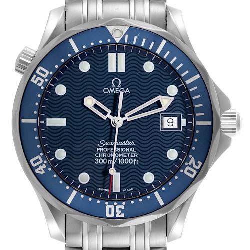 The Omega Seamaster 2531.80.00 Men's Stainless Steel Blue Dial 2531.80.00 Men's Stainless Steel Blue Dial watch is shown from a front angle, displaying its face, bezel, and bracelet.