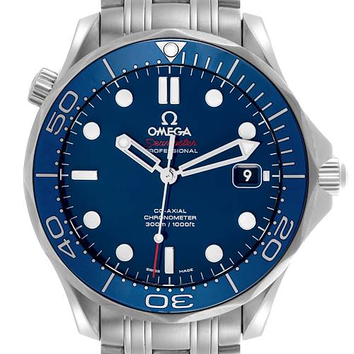 The Omega Seamaster 212.30.41.20.03.001 Men's Stainless Steel Blue Dial 212.30.41.20.03.001 Men's Stainless Steel Blue Dial watch is shown from a front angle, displaying its dial, bezel, and bracelet.