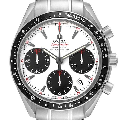 The image shows a front view of an Omega Speedmaster 323.30.40.40.04.001 Men's Stainless Steel White Dial 323.30.40.40.04.001 Men's Stainless Steel White Dial watch, highlighting its dial, tachymeter bezel, and chronograph sub-dials.