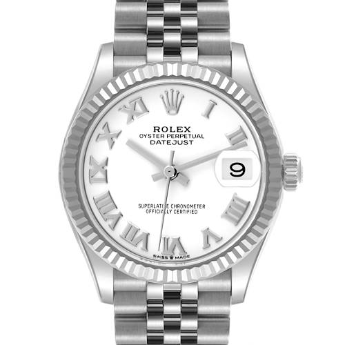 The Rolex Mid-Size 278274 Women's Stainless Steel White Dial 278274 Women's Stainless Steel White Dial watch is shown from a front angle, displaying its face, bezel, and part of the metal bracelet.
