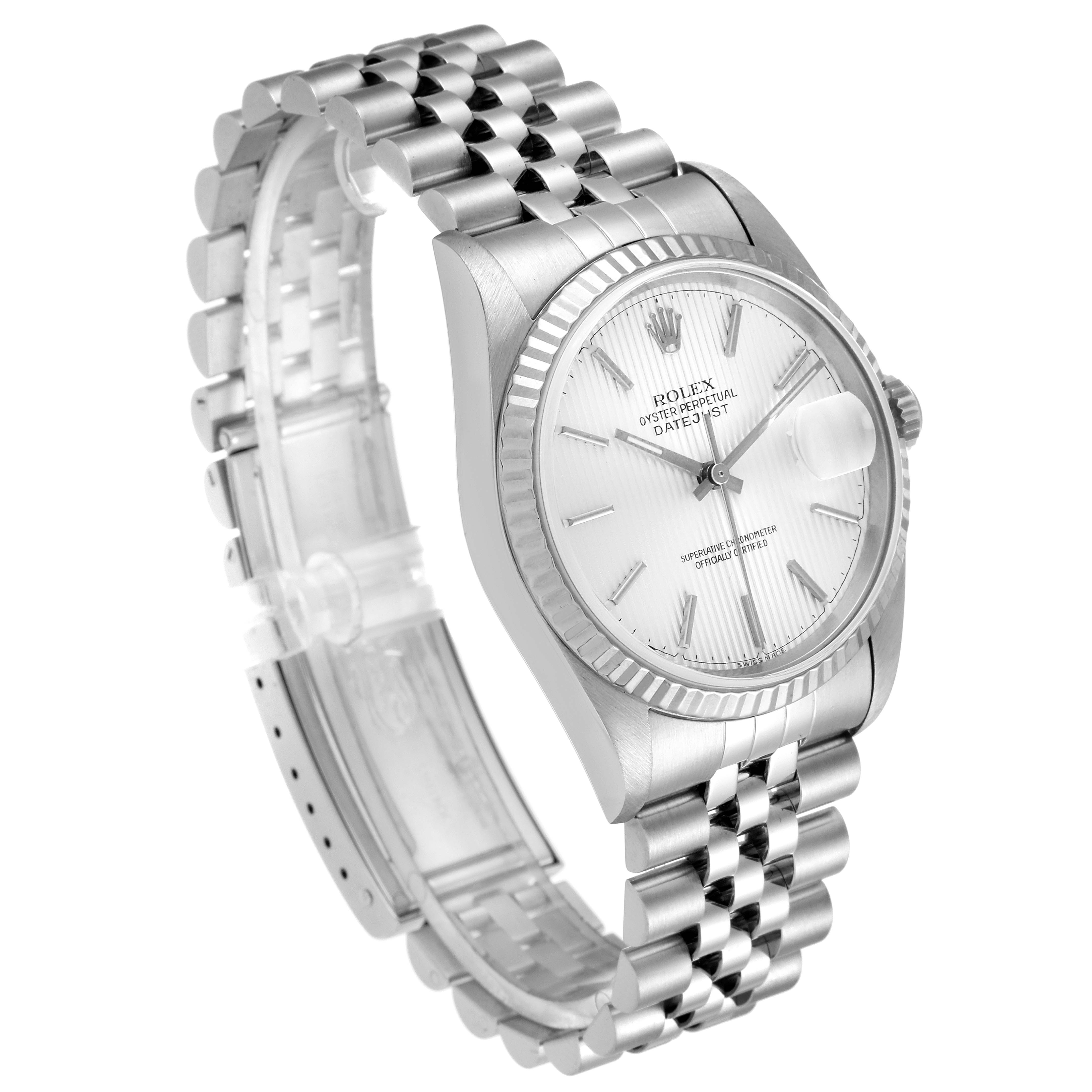 This image shows a Rolex Datejust 16234 Men's Stainless Steel Silver Dial 16234 Men's Stainless Steel Silver Dial watch at a three-quarter angle, highlighting the face, bezel, and Jubilee bracelet.