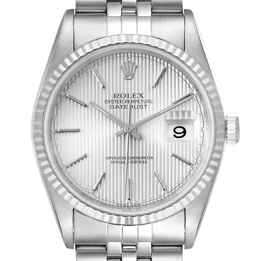 The image displays a head-on view of a Rolex Datejust 16234 Men's Stainless Steel Silver Dial 16234 Men's Stainless Steel Silver Dial watch, highlighting its dial, bezel, crown, and part of the bracelet.
