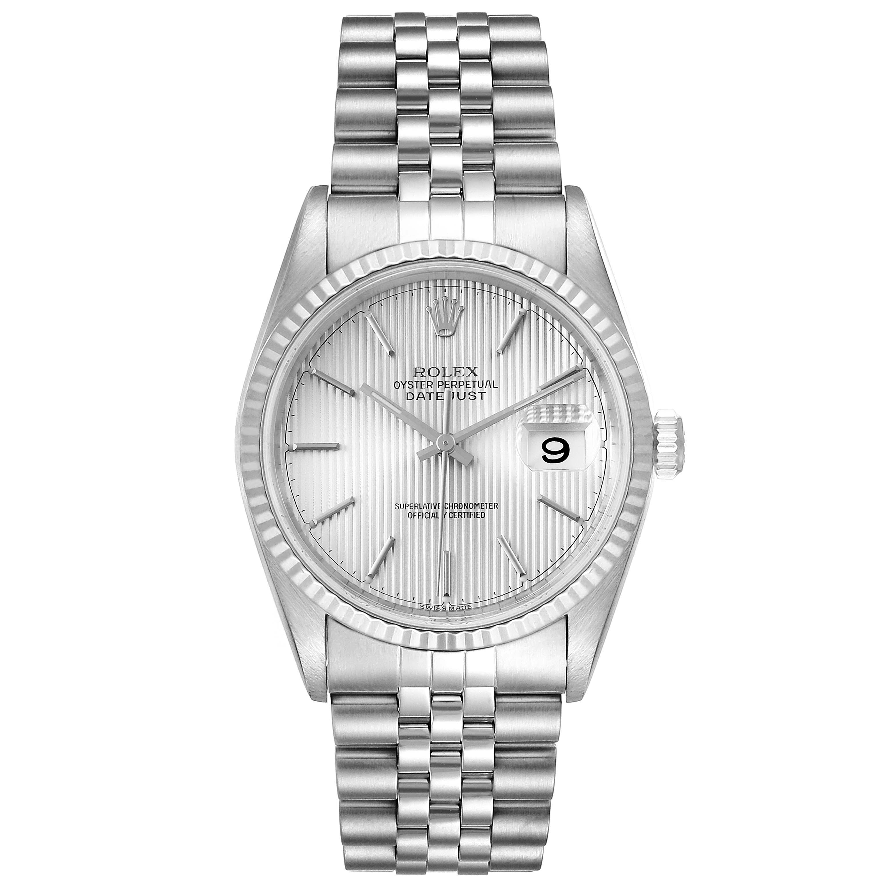 The image shows a front view of the Rolex Datejust 16234 Men's Stainless Steel Silver Dial 16234 Men's Stainless Steel Silver Dial watch, featuring its dial, bezel, and bracelet.