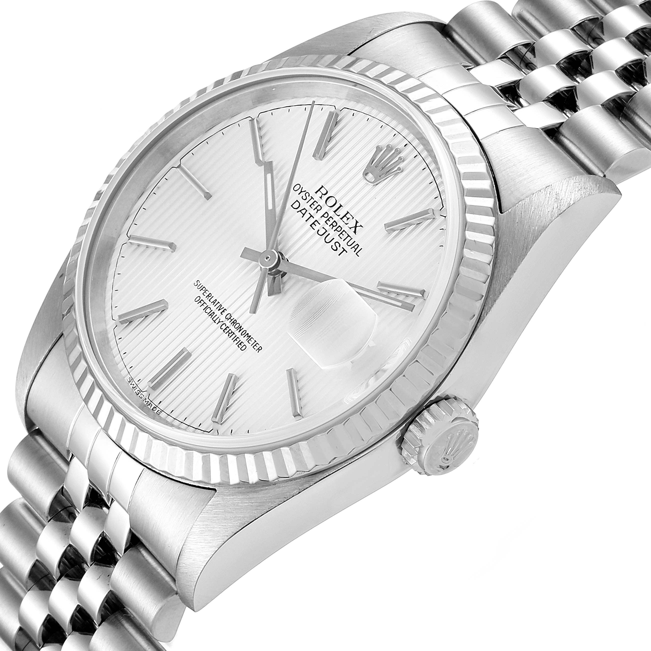 This image shows a close-up angle of a Rolex Datejust 16234 Men's Stainless Steel Silver Dial 16234 Men's Stainless Steel Silver Dial watch displaying the dial, crown, and part of the bracelet.