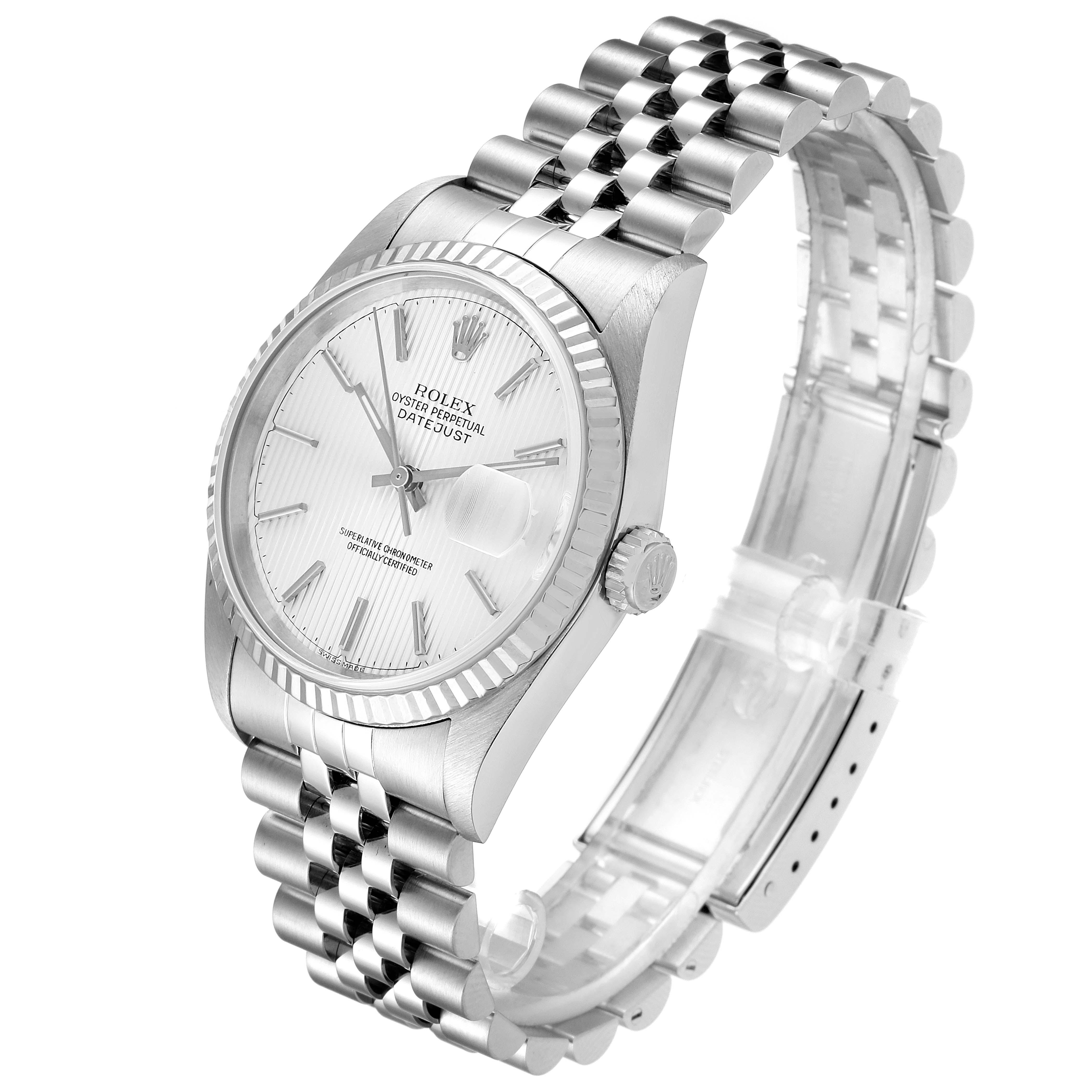 This image shows a Rolex Datejust 16234 Men's Stainless Steel Silver Dial 16234 Men's Stainless Steel Silver Dial watch at a slight angle, highlighting the face, bezel, crown, and bracelet.