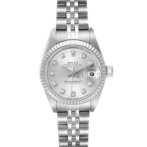 This image shows a front view of a Rolex Datejust 79174 Women's Stainless Steel Silver Dial 79174 Women's Stainless Steel Silver Dial watch, displaying the dial, hands, date window, and bracelet.