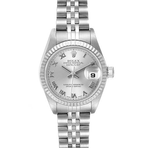 The Rolex Datejust 79174 Women's Stainless Steel Silver Dial 79174 Women's Stainless Steel Silver Dial watch is shown from a top-down angle, highlighting its dial, bezel, bracelet, and crown.